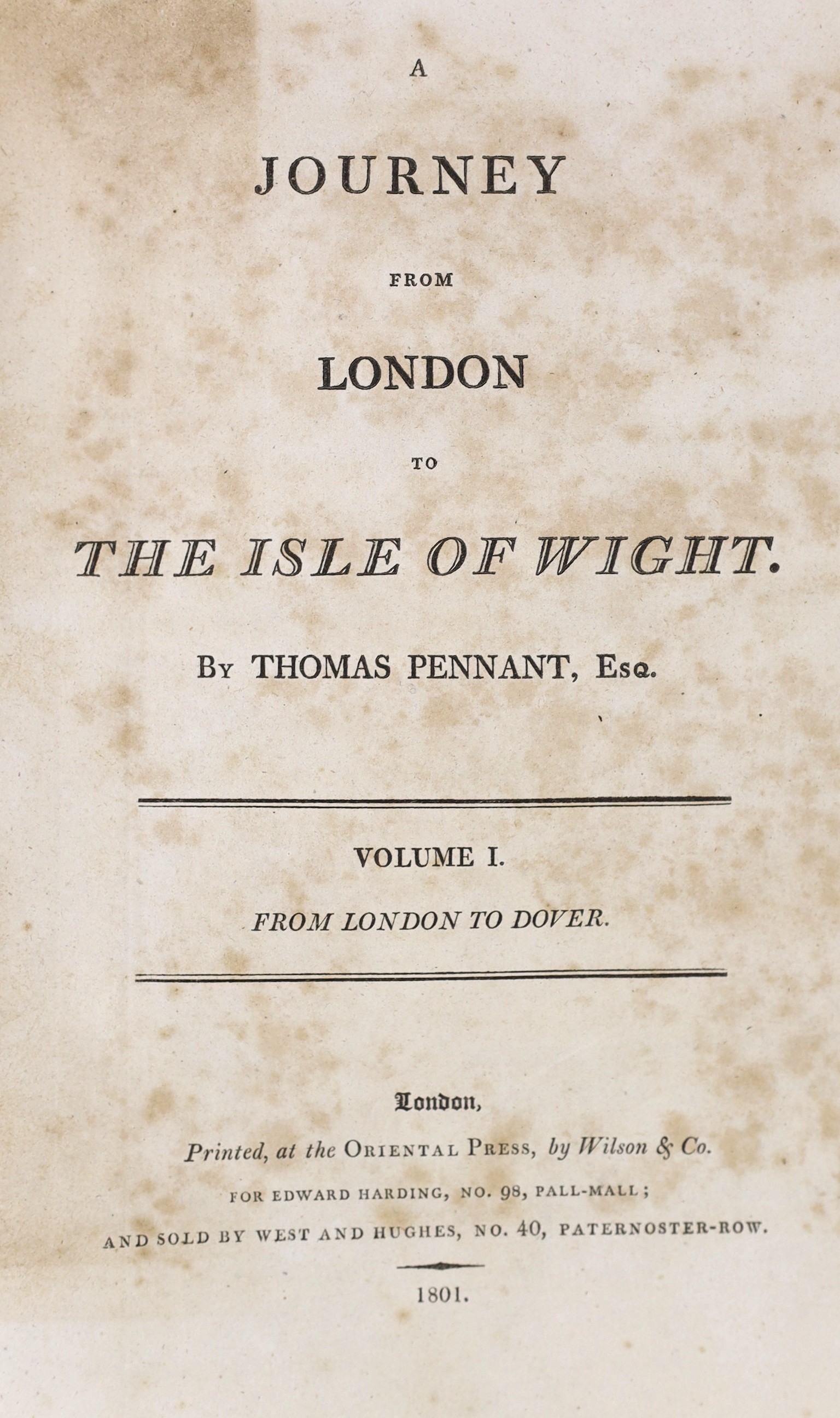 Pennant, Thomas - A Journey from London to the Isle of Wight. 2 vols (in one). 2 large hand-coloured and folded maps, 46 plates (1 d-page); contemp. gilt ruled mottled calf (ra-backed), marbled e/ps., roy.4to. 1801